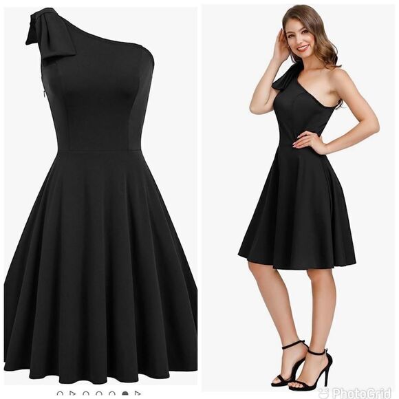 JASAMBAC  Bow One Shoulder Dress with Pockets A-line Cocktail Party Dress Sz-Med - Picture 2 of 16